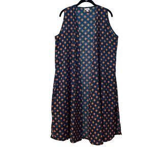 LuLaRoe Joy blue & orange print long sleeveless duster open vest M
